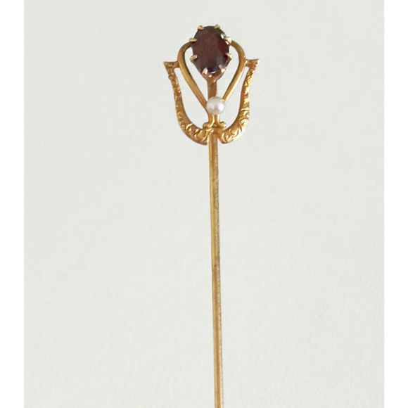 Antique 14k Yellow Gold Garnet Seed Pearl Stick Pin - Picture 1 of 13